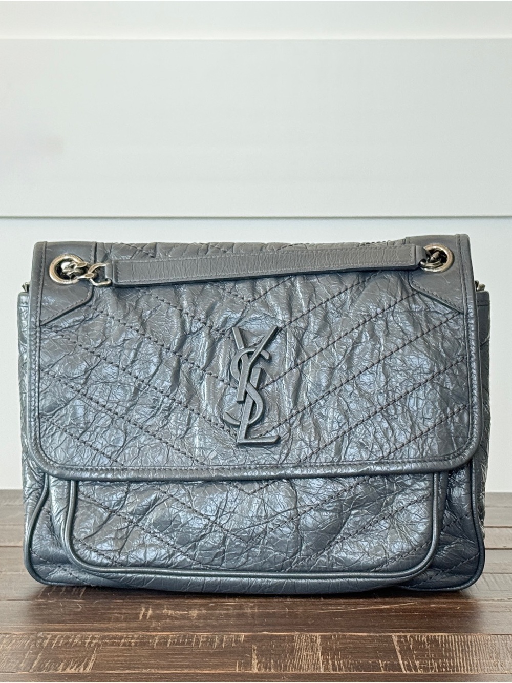 Saint Laurent Quilted Crinkled Leather Shoulder Bag in Gray